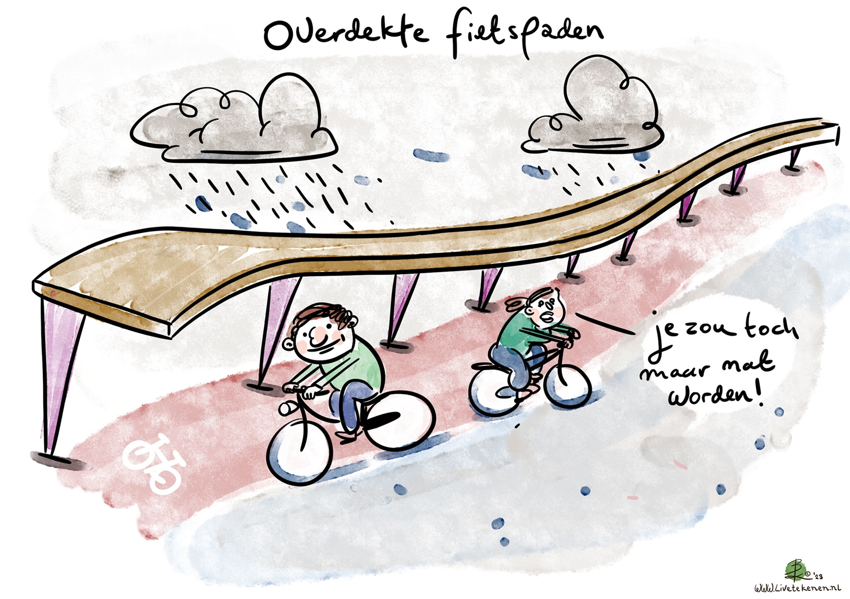 Cartoon met de tekst 'Overdekte fietspaden' 'Je zou toch maar nat worden'